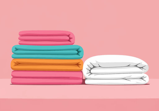 Vector illustration featuring a stack of four colorful folded blankets in pink, teal, and orange shades next to two white folded linens on a shelf against a solid pink background.