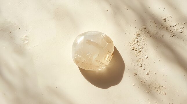 Minimalist opalite crystal resting on a textured neutral surface with soft sunlight shadows and natural crumbled stone accents for elegant decor displays