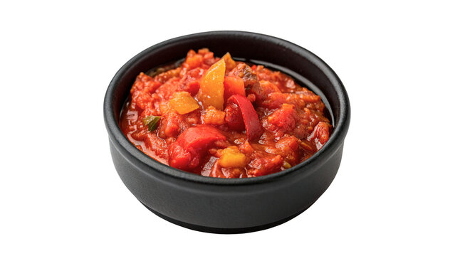 Bowl of delicious fresh tomato salsa sauce dip isolated on a transparent background