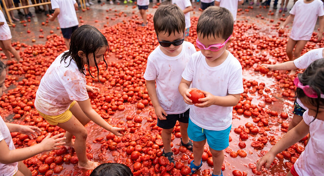 Three young children wearing goggles playing in a massive pool of smashed tomatoes at food fight festival