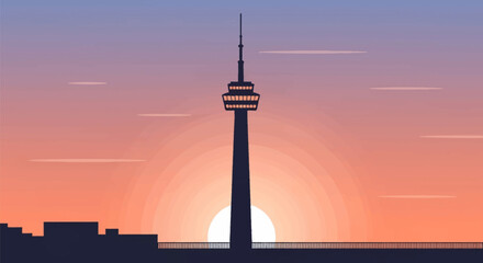 Obraz premium Minimalist vector illustration of a tall telecommunications tower silhouette against a large setting sun on the horizon with a purple and orange gradient sky and urban skyline.