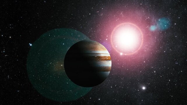 Realistic Jupiter Planet Floating in Deep Space Galaxy with Detailed Surface Texture
