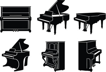 Black piano silhouette collection featuring upright grand and classical concert pianos musical instruments set vector illustration design isolated pack bundle © SADRE