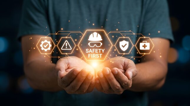 Worker hands holding glowing digital hexagonal icons displaying safety first concept representing occupational health hazard prevention and industrial security.