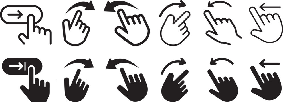Set of swipe gestures and touch interactions, hand moving and swiping on screen vector icons.