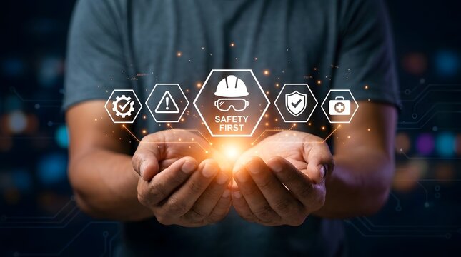 Industrial manager holding glowing safety first digital icons representing workplace hazard management risk assessment and corporate protection protocols.