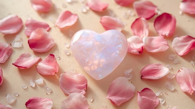 Opalite crystal heart surrounded by scattered pink rose petals on a soft beige background for romantic concepts and healing energy spa wellness displays