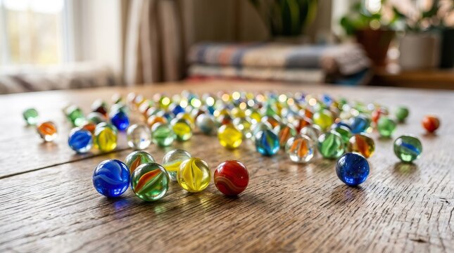 Vibrant colorful glass marbles on wooden table