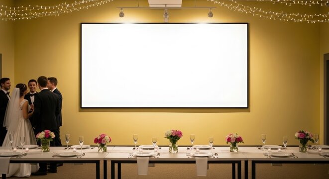 A wedding reception room with a long table, floral centerpieces, and a large projection screen on a yellow wall, with the bridal party standing nearby.