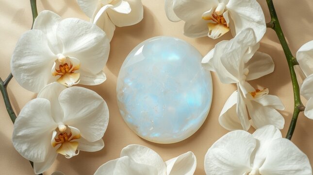 Iridescent opalite gemstone displayed on soft beige silk fabric surrounded by elegant white orchid flowers for luxury beauty