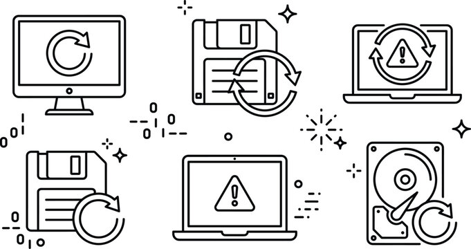 Data backup system restore and recovery icons set featuring computer laptop floppy disk hard drive vector line art
