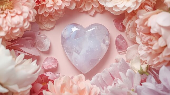 Opalite heart crystal surrounded by soft pastel flowers in a flat lay composition for romantic celebrations