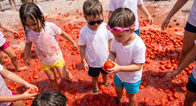Three young children wearing goggles and white shirts standing in a huge puddle of smashed tomatoes at a tomato fight  festival