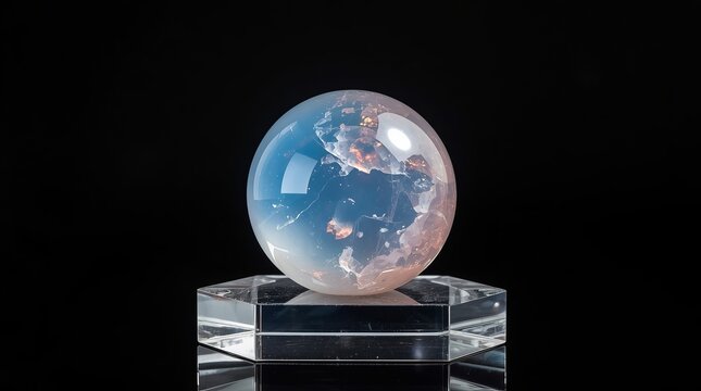Polished opalite crystal sphere resting on a transparent hexagonal acrylic stand against a solid black background