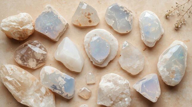 Assorted raw opalite and quartz crystal stones arranged on a neutral beige background for a natural aesthetic studio flat lay photography composition