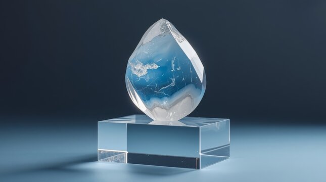 Translucent blue opalite crystal sculpture balanced on a clear acrylic pedestal against a soft dark background for modern minimalist interior design decor