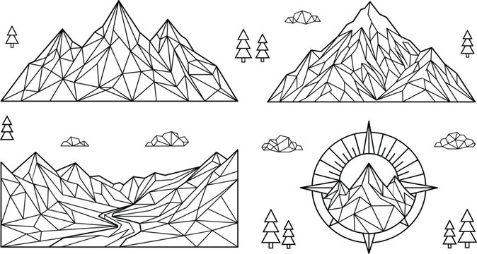 Geometric low poly mountain landscapes set with pine trees clouds and compass vector line art illustration