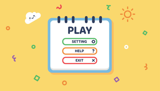 Cartoon style mobile game start screen menu on a notepad notebook page template over a bright yellow background.