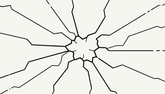 Radial black crack lines on a plain off-white background represent shattered glass or a heavy surface fracture design.