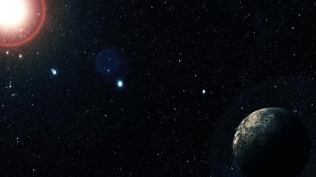 Distant planet floating in deep space with bright sun flare and star field