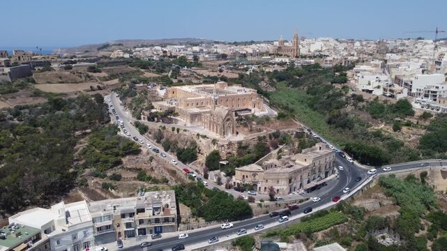 Church of the Madonna of Lourdes, Gozo, Mgarr. Aerial view . High quality 4k footage