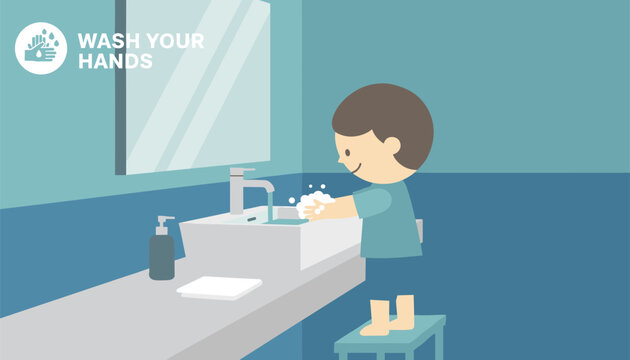 Young boy standing on a stool washes his hands with soapy water at a bathroom sink to promote health and hygiene.