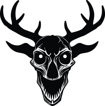 Black and white vector illustration of a creepy deer skull with antlers, dark art.