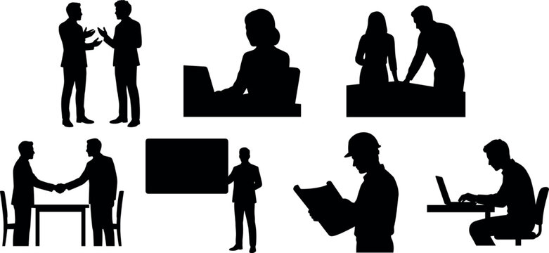 Silhouettes of Business Professionals in Workplace Communication and Teamwork Vector Illustration