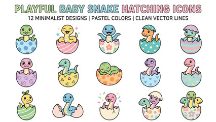 Obraz premium Minimalist vector icon sheet of cute baby snakes hatching from eggs with playful pastel color poses isolated on white