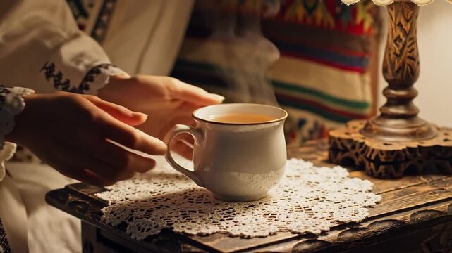 Hands hold a warm cup of tea on a lace doily atop a vintage wooden table, soft lamplight creates a cozy calm mood, ideal for home comfort and relaxation