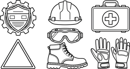 Fototapeta premium Industrial personal protective equipment ppe icons set with safety helmet goggles boots and gloves vector line art