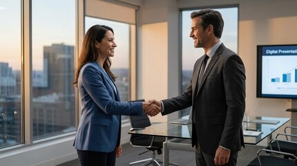 Fototapeta premium Business professionals shaking hands in modern office