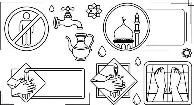 Islamic wudu ablution guide icons set with mosque washing hands feet and water tap vector line art illustration