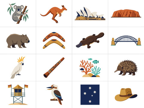 Australia Icons Set - Wildlife, Landmarks, and Cultural Symbols in Flat Design