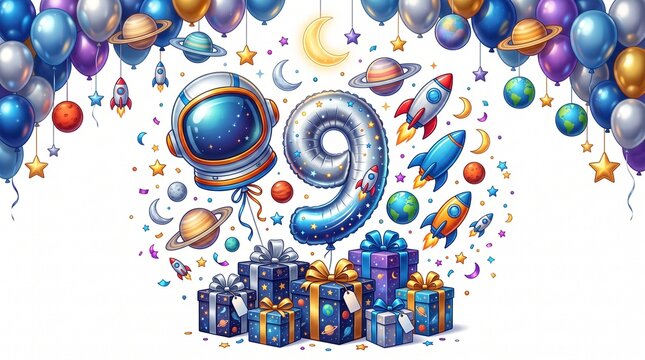 Outer space themed ninth birthday celebration with rockets and planets