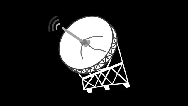 Simple satellite dish antenna icon with signal waves shown as a line drawing for communication and broadcast concepts animation