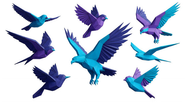 Low Poly Geometric Birds in Flight Blue and Purple 3D Render