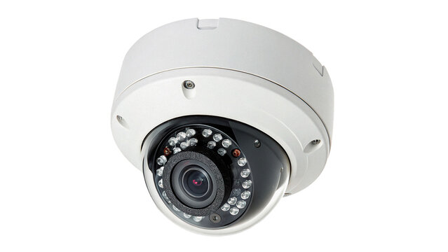 Modern white smart dome security camera surveillance device isolated on a transparent background