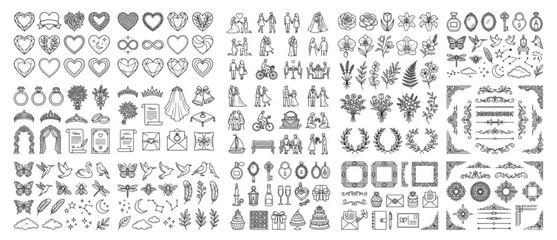 Large set of wedding graphic icons and romance emblems including hearts floral motifs rings and elegant decorative borders with marriage ornaments graphics invitation celebration anniversary © Designer Pac 2