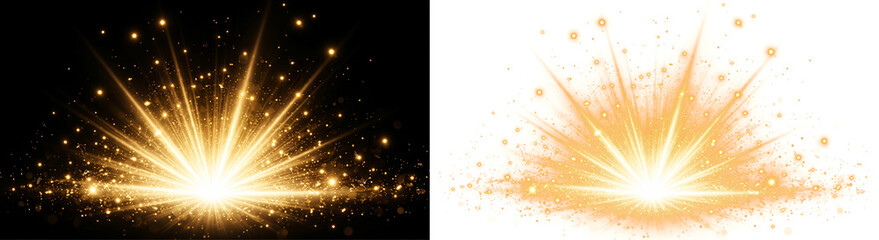 Golden light explosion with starburst effect and glowing particles on dark background, abstract energy burst, celebration concept, bright light flare, magic sparks © ATIQULISLAM