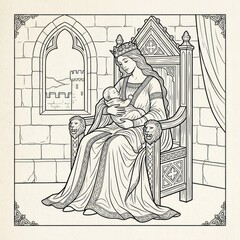 Fototapeta premium A regal woman in a crown sits on a throne holding a baby, set against a medieval stone wall backdrop with a gothic window