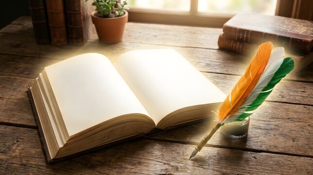 Independence day india an open book with a colorful feather quill pen on a rustic wooden desk near a window with books and a potted plant