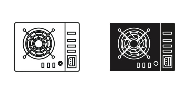 Computer power supply unit set in outline and solid black styles for pc hardware and desktop system components