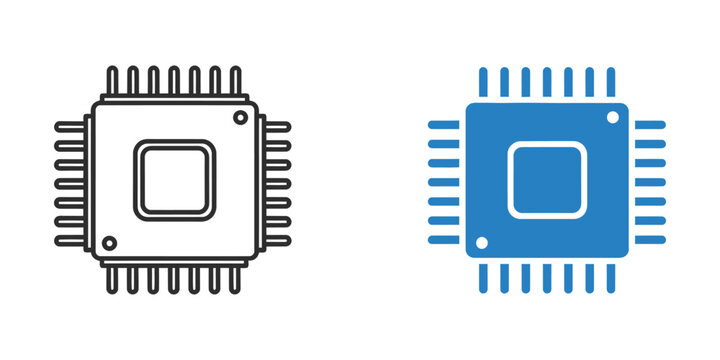 Cpu processor chip in outline and blue solid style for computer hardware and microchip technology concepts