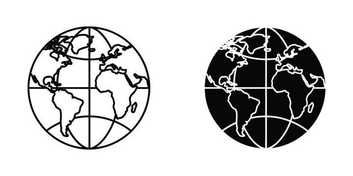 Detailed globe map set featuring continents and longitudinal grid lines in outline and solid black styles