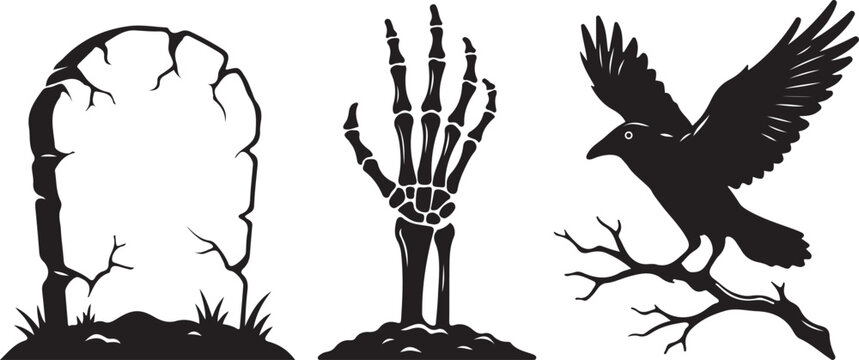 Spooky Halloween Silhouette Set With Tombstone Skeleton And Raven