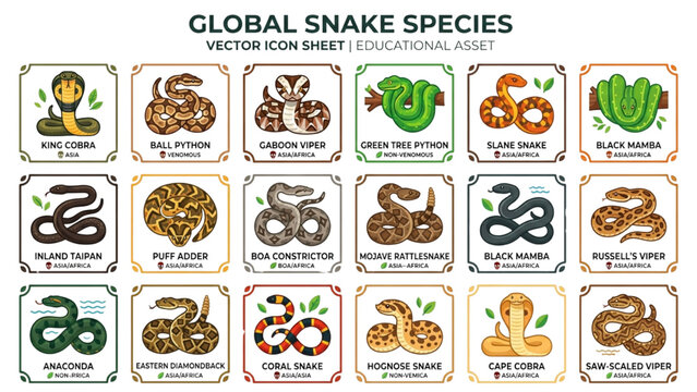 Flat vector icon sheet of global snake species including cobra python and viper for educational infographic assets on white