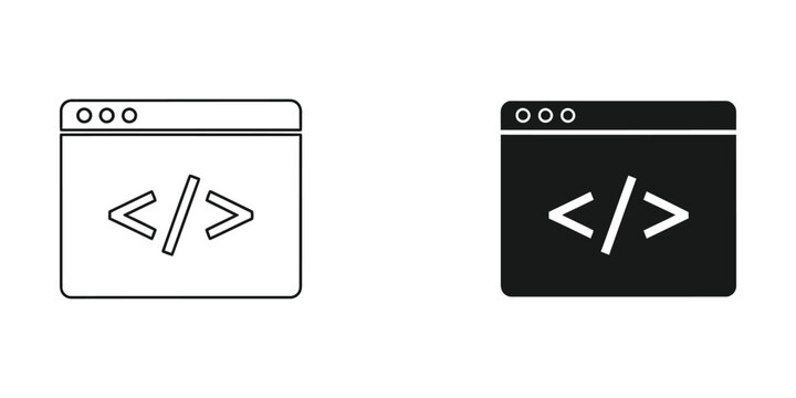 Web browser window with programming code brackets symbol in minimalist outline and solid black styles