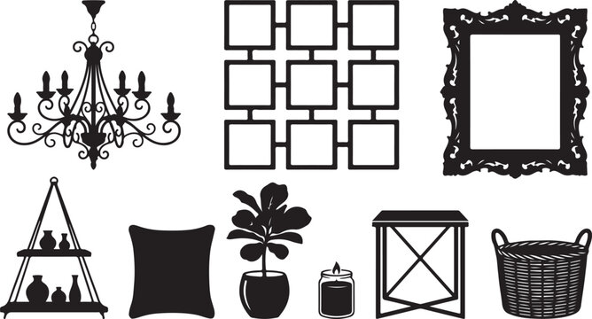 Interior design furniture and home decor silhouettes set featuring chandelier mirror shelf plant and storage basket vector