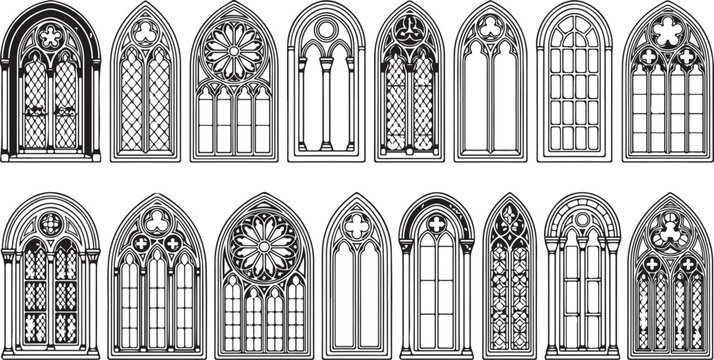 Set of gothic window silhouettes featuring intricate architectural tracery and pointed arches for historical building design projects